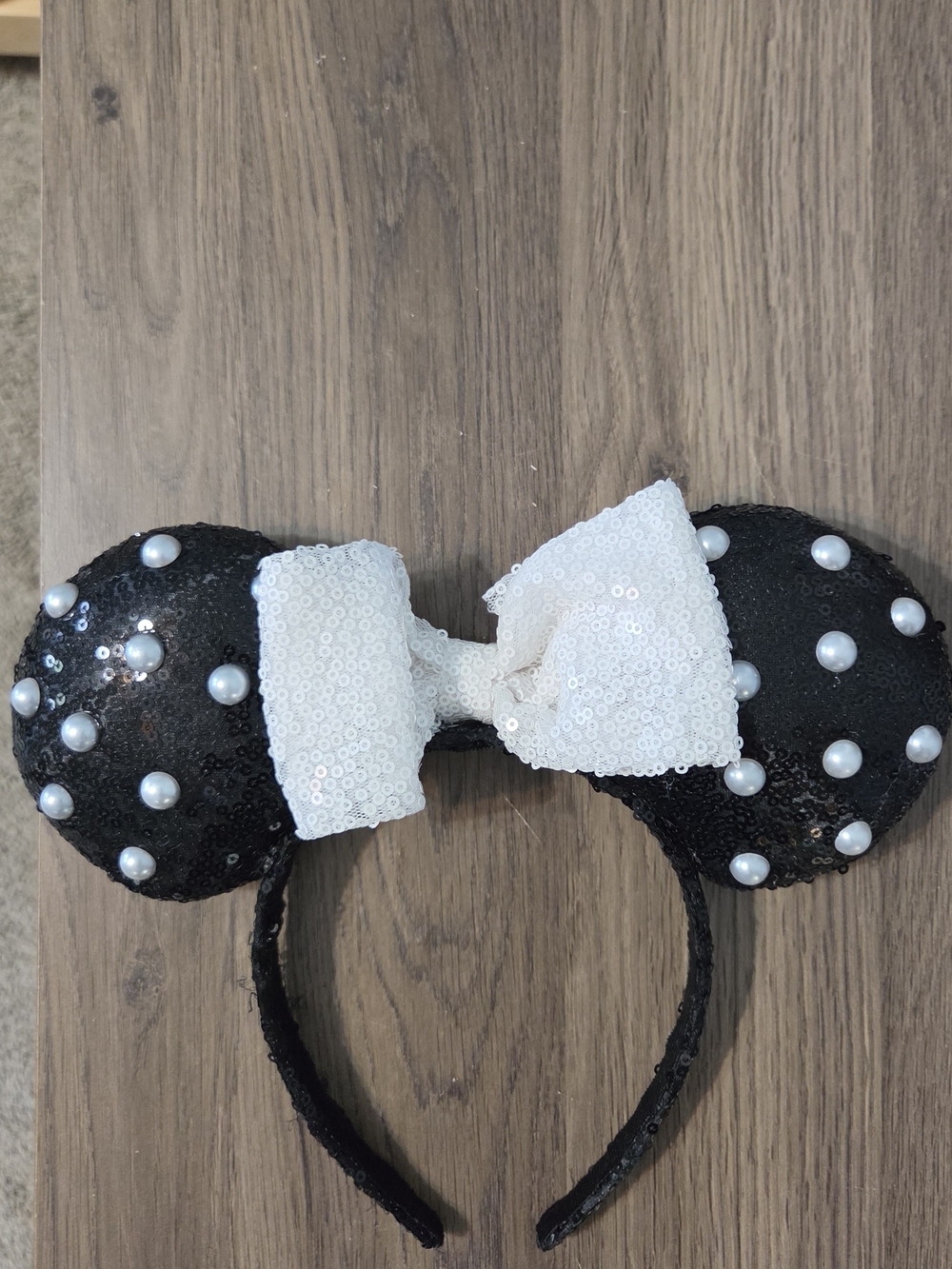 Black Sequin Minnie Ear Headband with White Bow